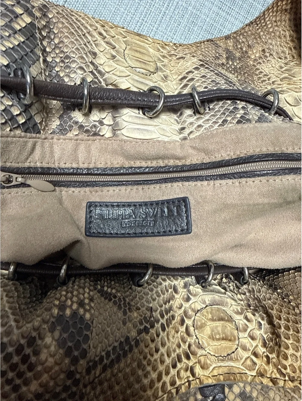 HILIPPA SWEET Python Snakeskin Leather Hobo Tote Bag Brown Tan